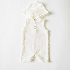 Short romper with henley buttons and a fun stylish hood!