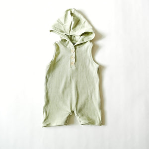 Short romper with henley buttons and a fun stylish hood!