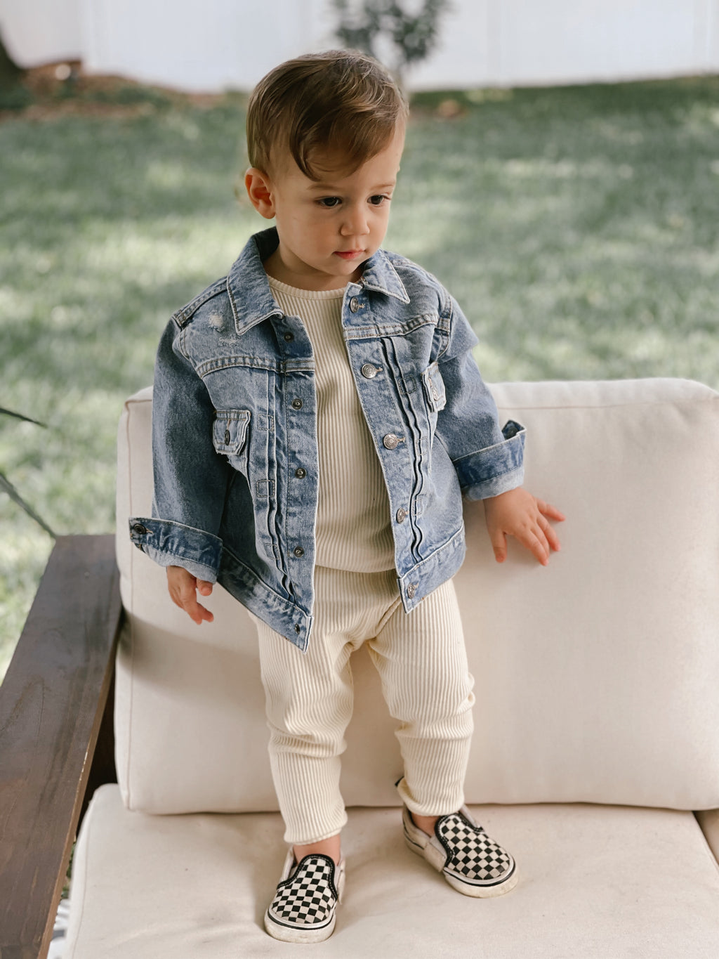 Earth Two Piece waffle set  with a jean jacket on 
