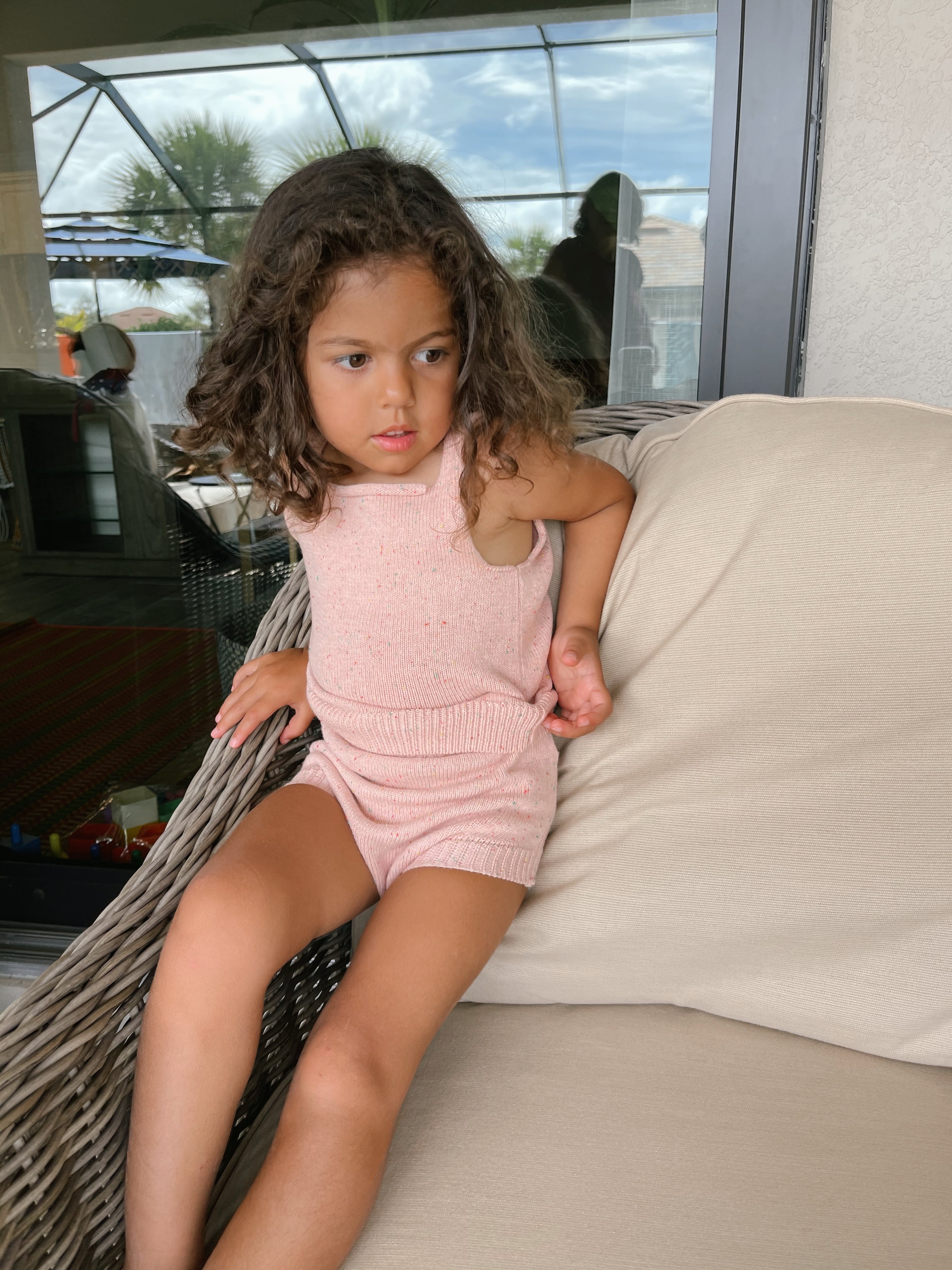 Speckled Knit Bloomer -Peony being modeled 